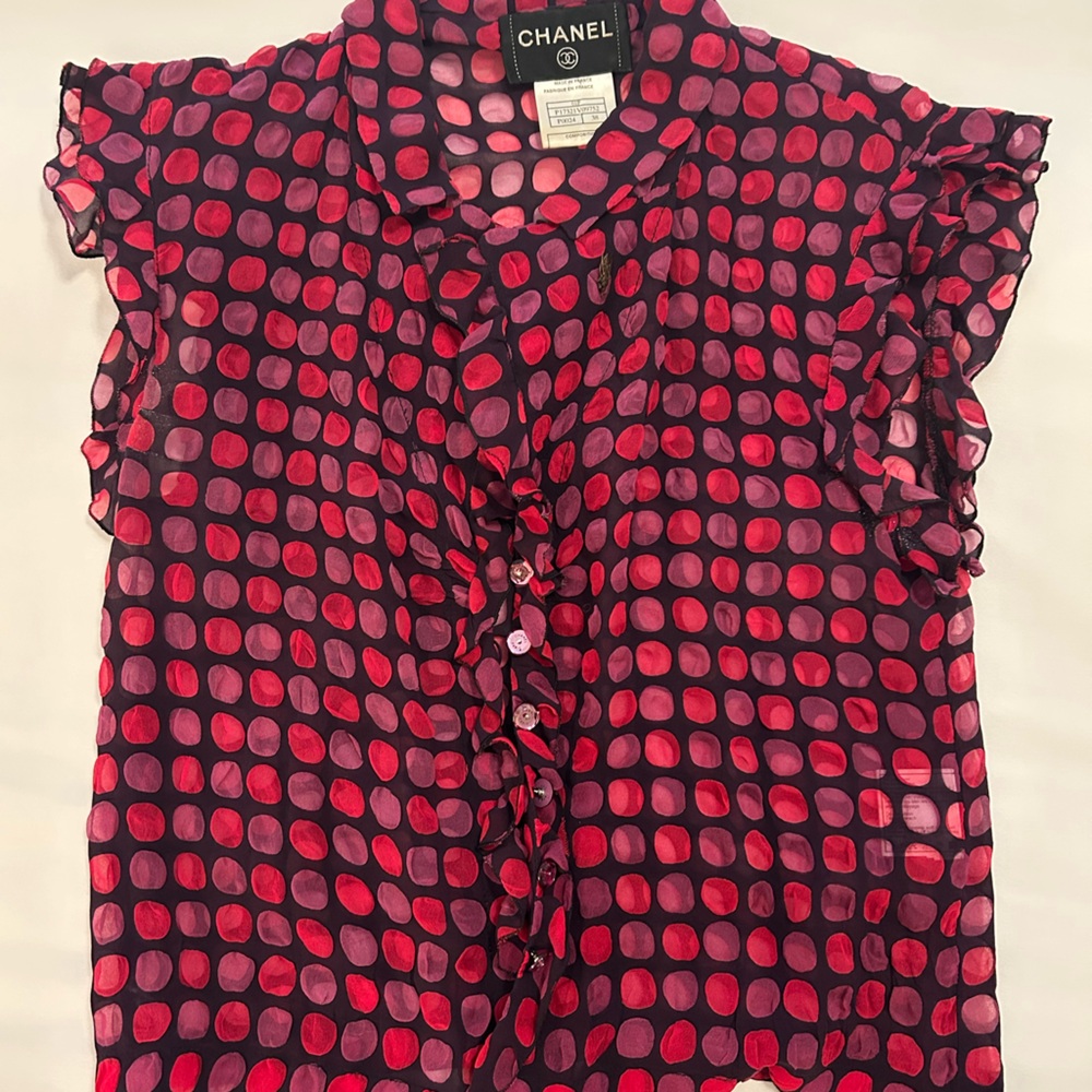CHANEL Sheer Purple and Pink Polka Dot Silk blouse